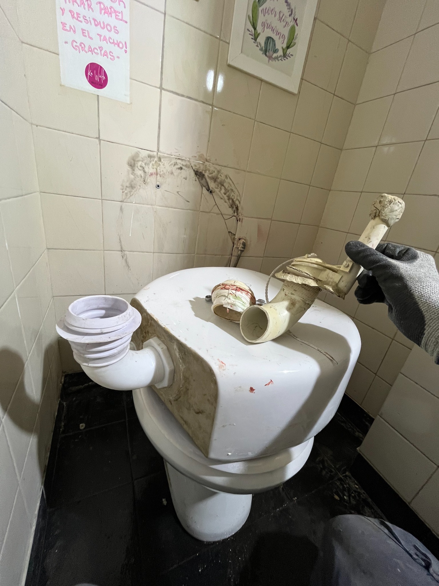 Trabajo de plomería en la reparación de un desagüe de baño